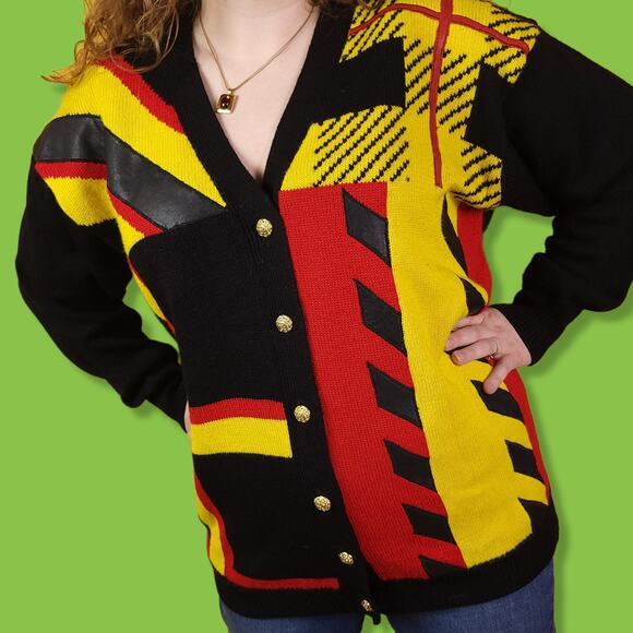 Vintage Suzelle Black Abstract Geometric Knit Button Up Sweater Cardigan, L - Picture 1 of 4